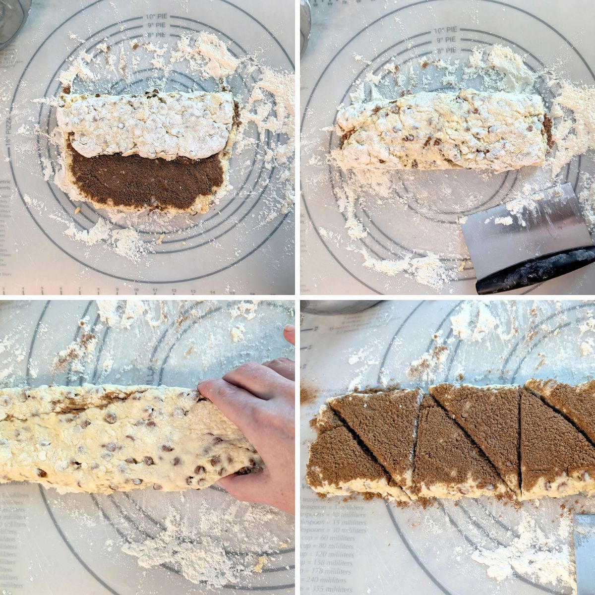 Photo collage showing how to shape layered cinnamon scones, including folding the dough, stretching it out, and covering it with cinnamon brown sugar.