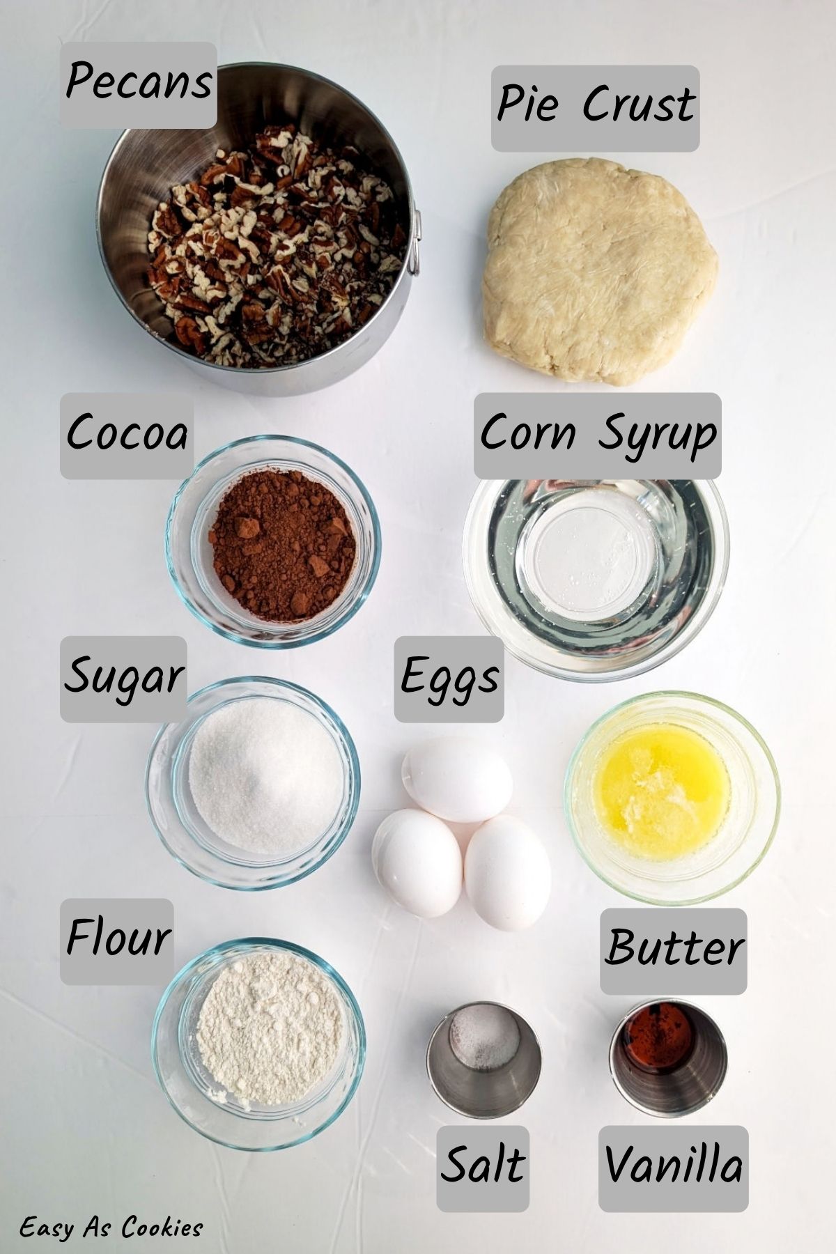 Labeled photo of ingredients for Pecan Fudge Pie, including: pecans, pie crust, cocoa powder, corn syrup, granulated sugar, eggs, melted butter, flour, salt, and vanilla.