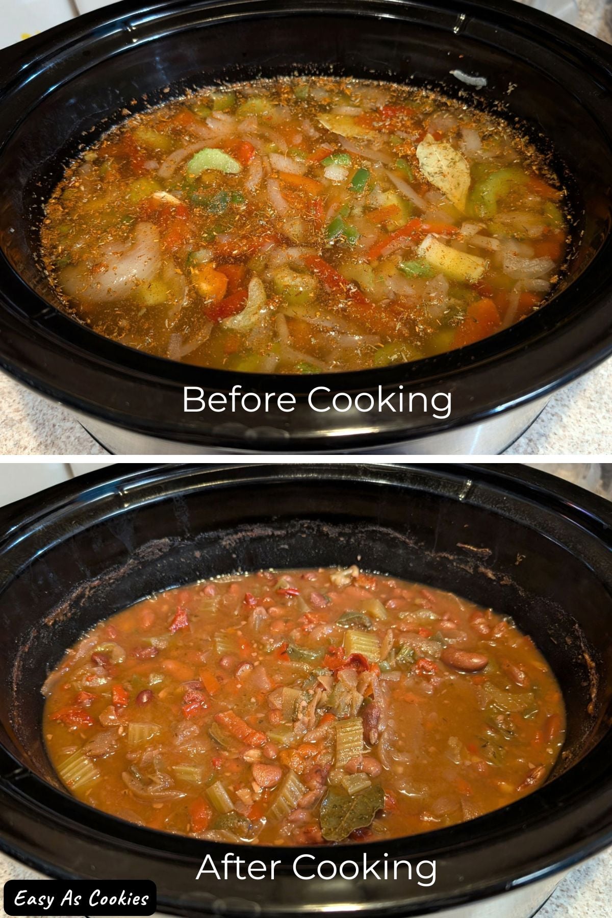 Photo collage showing slow cooker red beans before and after cooking.