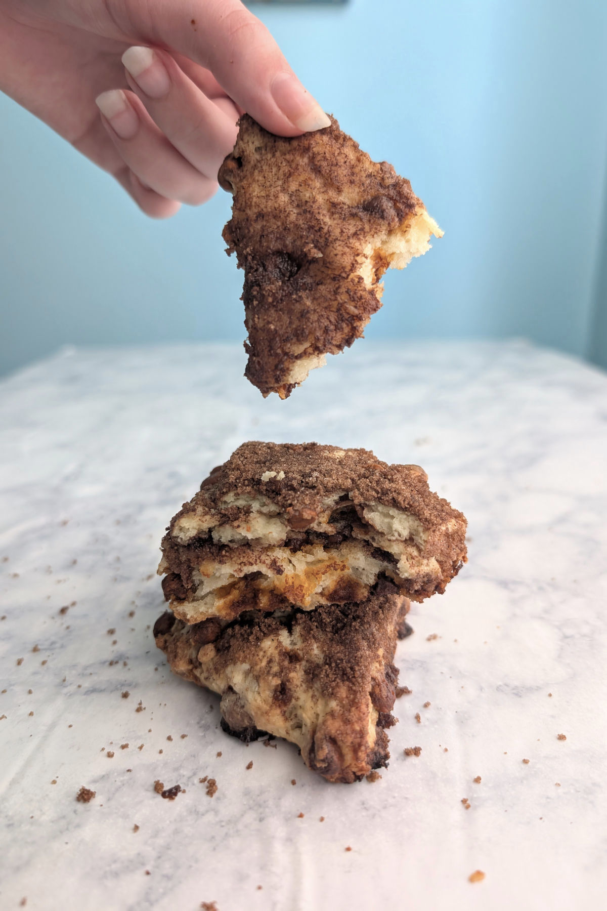 A hand holds up the top of a layered cinnamon layer scone. The rest of the scone is torn open to show texture.
